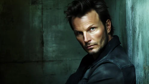 Brooding man in leather jacket against distressed wall.