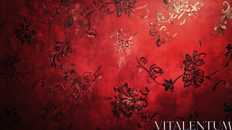 Red ornamental wall shows dark floral patterns with gold highlights