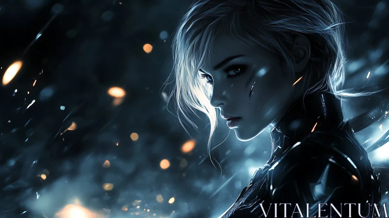 Cybernetic female portrait in dark blue sci fi environment.