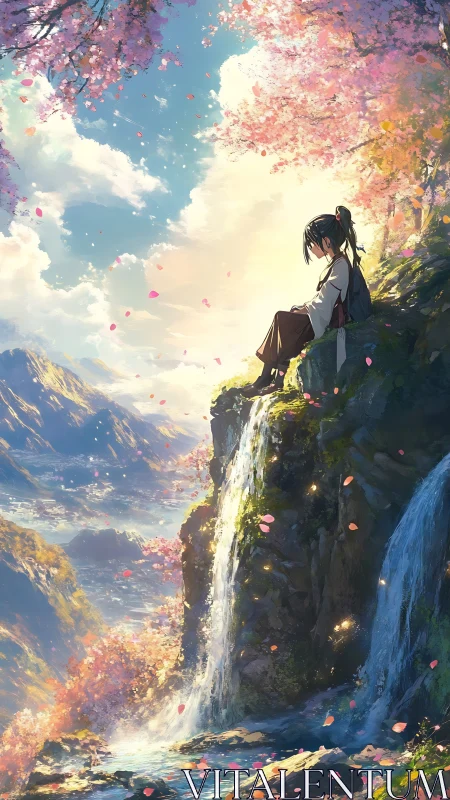 Quiet daydreams above a sunlit valley waterfall cliff.