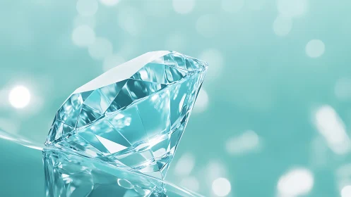 Crystal cut diamond rests on reflective aqua glass surface