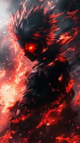 Demonic fiery warrior silhouette with glowing red eyes.