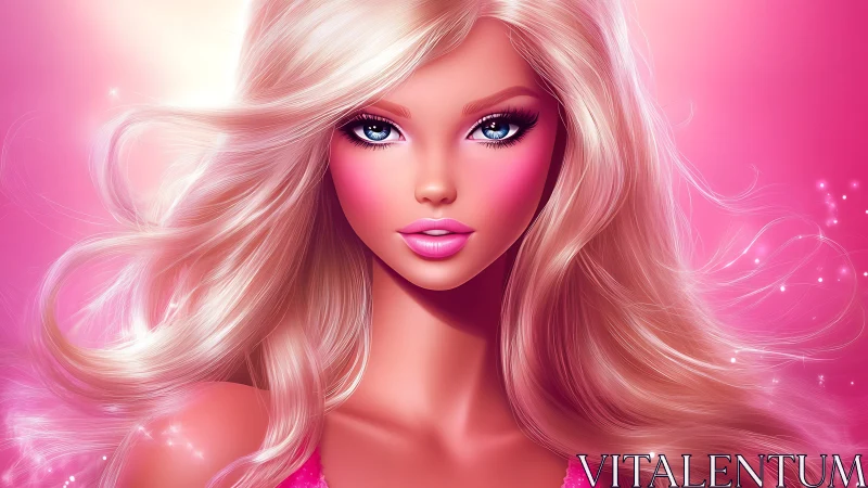 Hyper-polished blonde doll portrait in neon pink palette