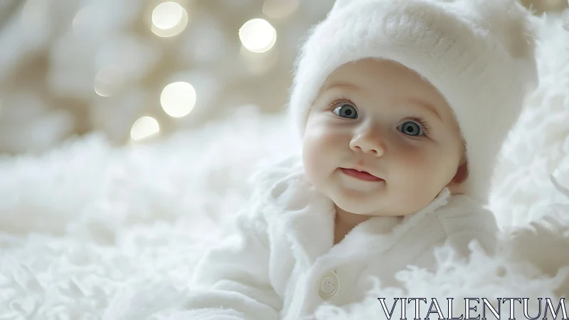 Infant Subject in White Knit Apparel Against Blurred Bokeh Backdrop with Warm Lighting