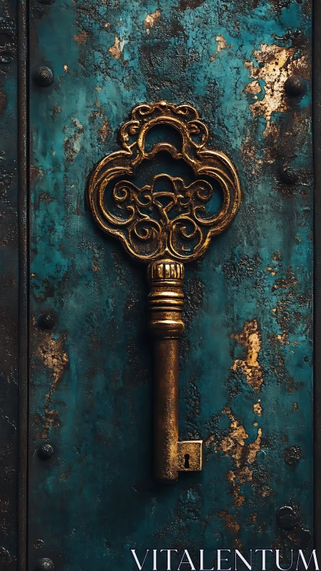 Golden antique key resting on a weathered teal door.