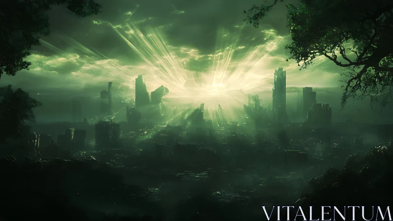 Ruined green cityscape under intense central light burst.