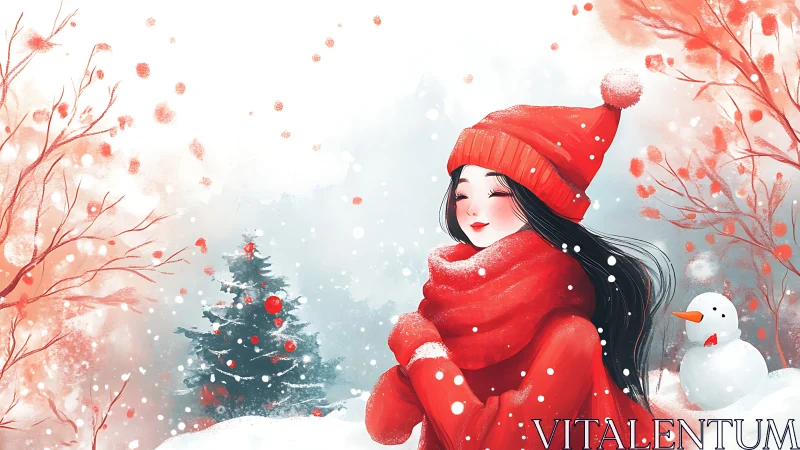 Winter girl in red coat and hat amid serene snowfall.