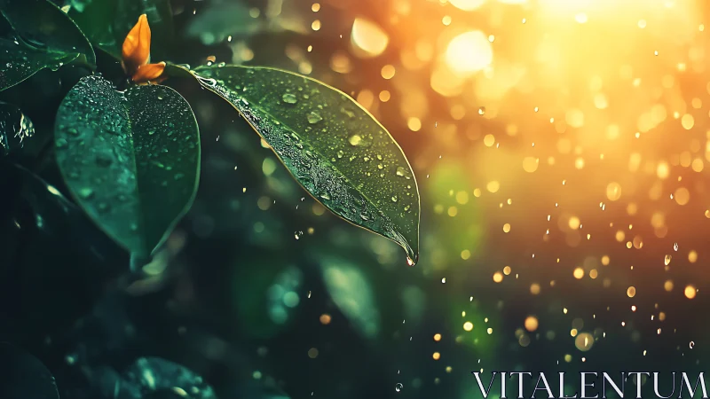 Macro leaf study with rain droplets and golden bokeh glow.