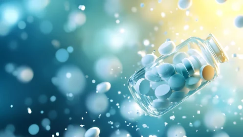 Glass bottle with white tablets floating in bright, dreamy light.