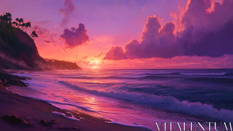 Vibrant pink sunset over waves along a quiet tropical shore.