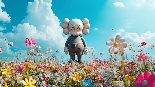 Toy figure in surreal flower field under bright sky.