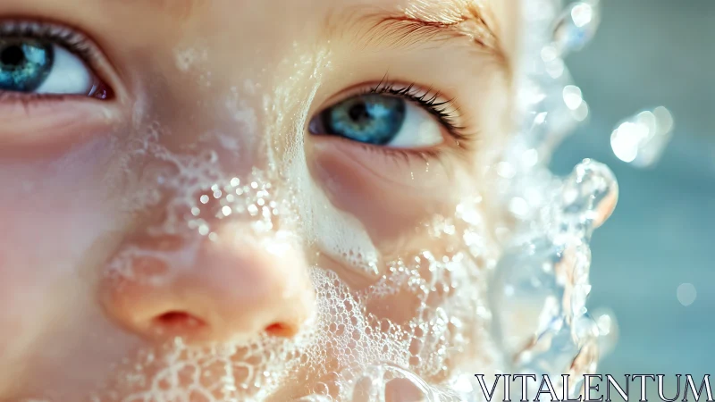 Child's Face Splashed with Crystalline Water Droplets