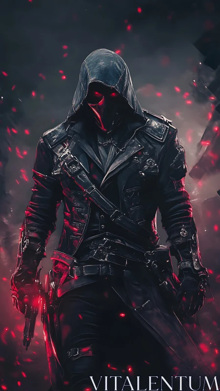 Hooded cyber hunter in crimson embers, cinematic stance.