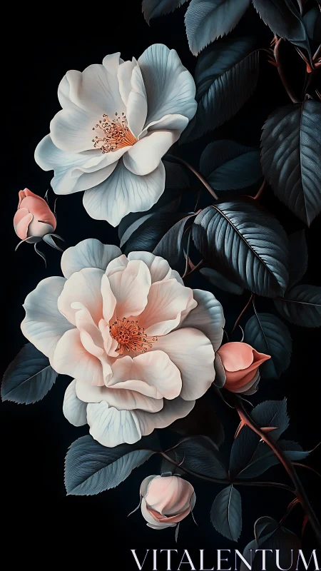 Delicate White Roses Against Dark Botanical Foliage.