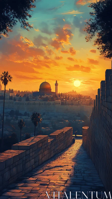 Sunlit stone walkway overlooks domed skyline at sunset