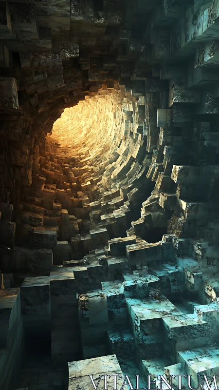 Stone vortex corridor spirals toward a distant molten dawn.