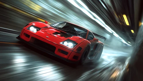 Red tunnel racer surging through night with bold energy.
