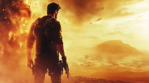 Armed lone wanderer surveys burning desert cityscape