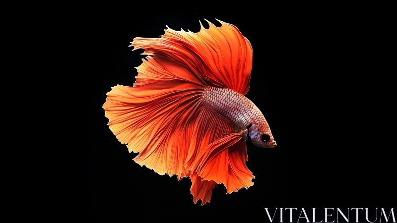 Vibrant orange betta fish with flowing fins on black background.