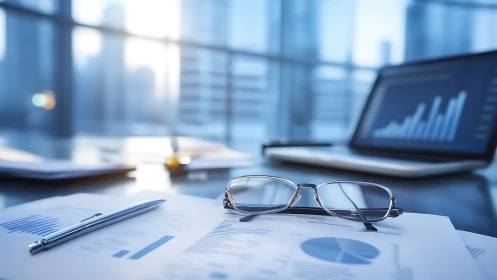 Office desk with financial reports, glasses, and laptop.