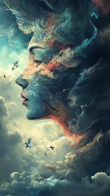 Surreal female profile sculpted from turbulent celestial clouds