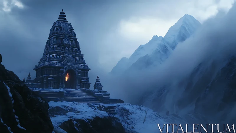 Ancient stone temple glows amid misty frozen mountains.