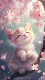 Luminous White Cat Beneath Cherry Blossoms in Soft Spring Light