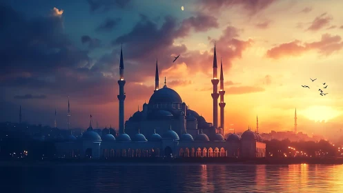 Grand mosque skyline glows against vivid harbor sunset