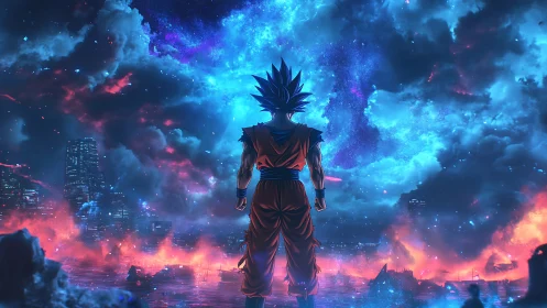 Starlit warrior surveys neon ruins under cosmic wildfire.