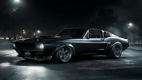 Midnight muscle car glows with sleek power on wet pavement