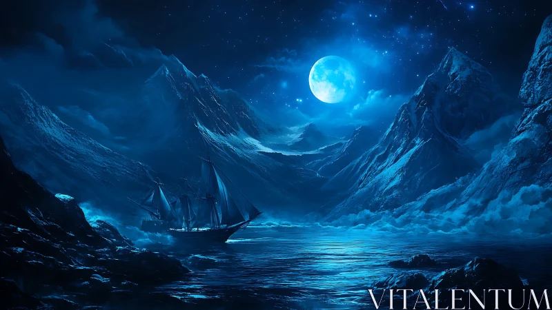 Lunar-illuminated glacial fjord with multi-masted ghost vessel.