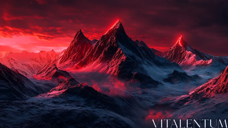 Crimson-lit alien mountain range glows under stormy sky.
