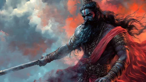 Storm-forged warrior god strides through ember-heavy clouds.