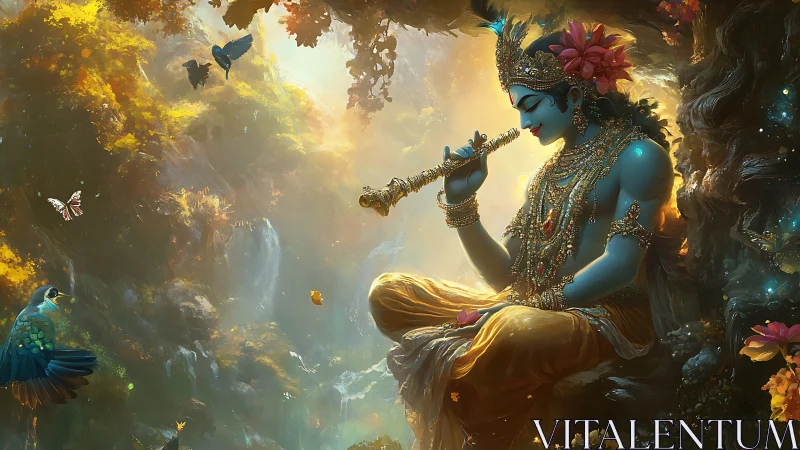 Divine blue deity plays golden flute in radiant forest grove