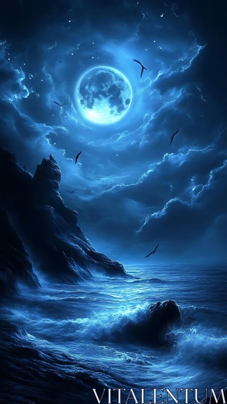 Moonlit storm sea churns under glowing celestial vortex