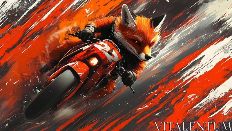 Speeding fox rider powers red motorcycle through paint storm