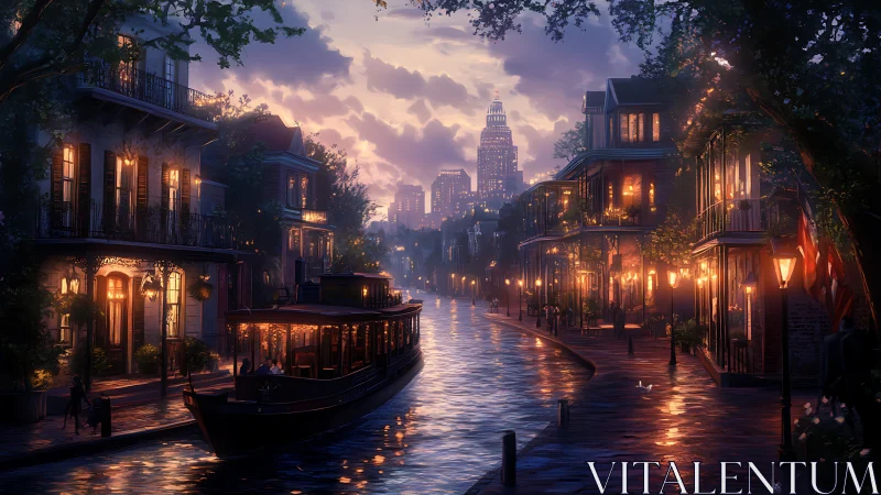 Canal of lantern-lit balconies under a lavender evening hush.