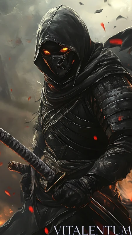 Hooded infernal warrior stands ready in a storm of embers