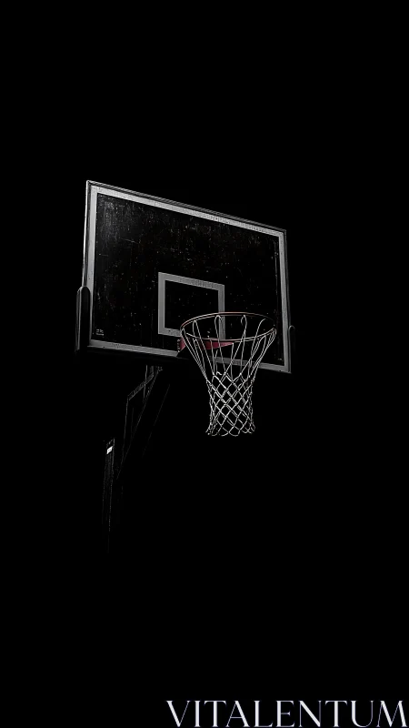 Basketball hoop emerges from deep black night sky backdrop.