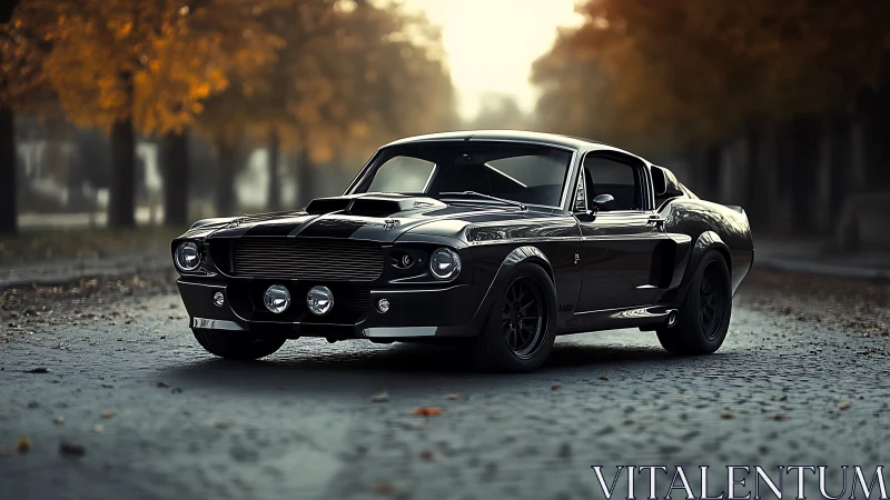 Classic black muscle car parked on quiet autumn street.