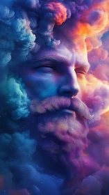 Male bearded face merged with multicolored cloud formations.