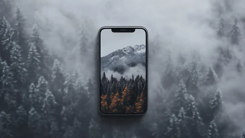 Smartphone frame isolates misty alpine forest with muted contrast
