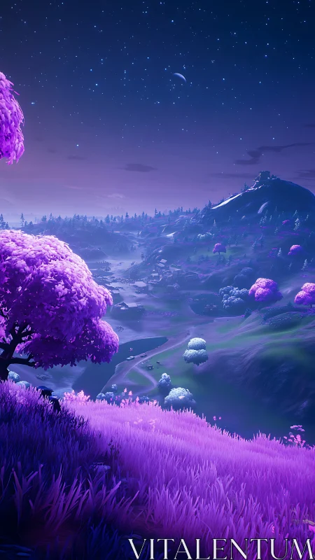 Neon violet valley under a starry alien twilight sky.