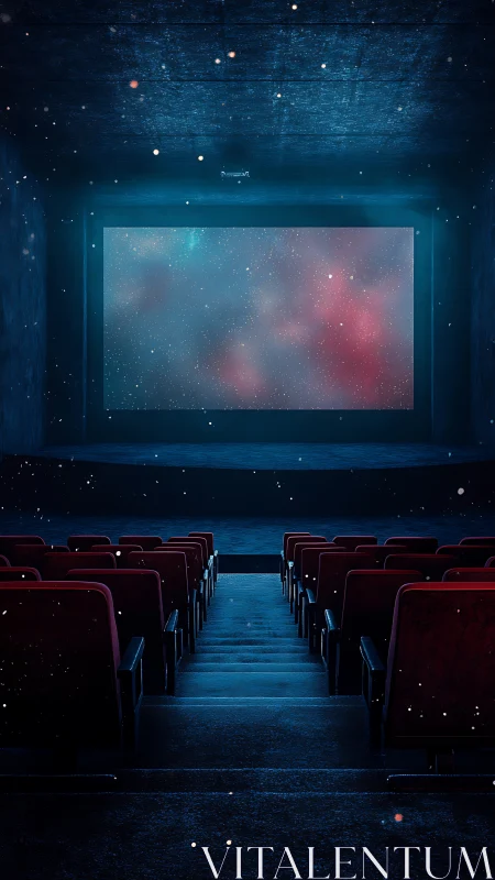 Starlit cinema aisle opening into a dreamy cosmic screen.