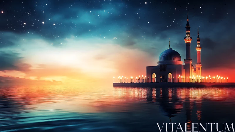 Starlit sea mosque drifting on molten sunset waters.