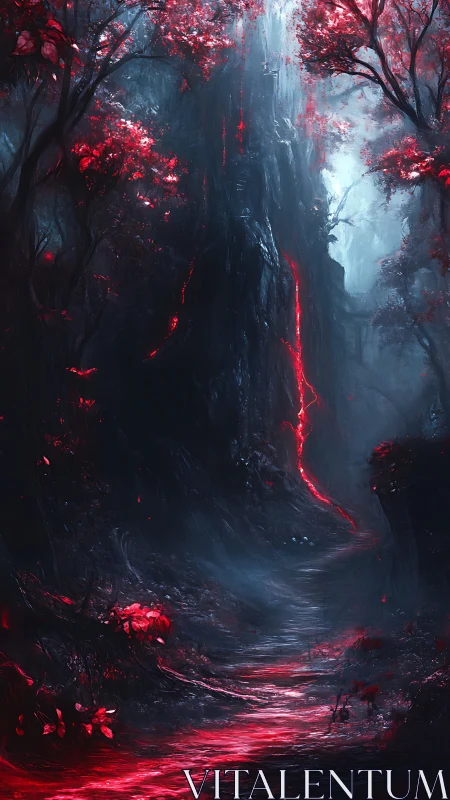 Crimson forest canyon channels molten light through mist.