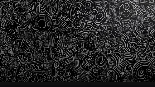 Abstract Doodle Art Wall with Whimsical Faces and Swirls Pattern.