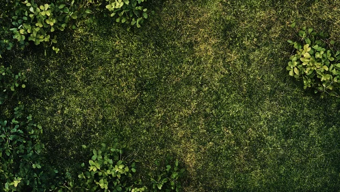 Top view shows grass field with border vegetation clusters