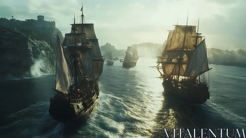 Sunlit tall ships gliding through a misty coastal passage.