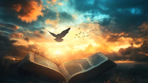 Open storybook sunrise with birds taking flight in wonder.